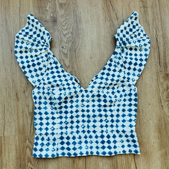 Madewell Blue White Geometric Flutter Sleeve Top Size 6 Cotton - Picture 5 of 10